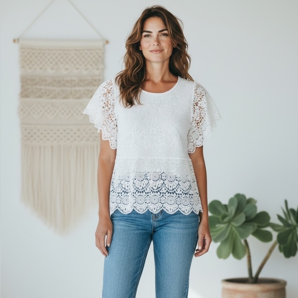 Anthony Original White Crochet Lace Blouse Sz S Boho Scalloped Hem Feminine Top